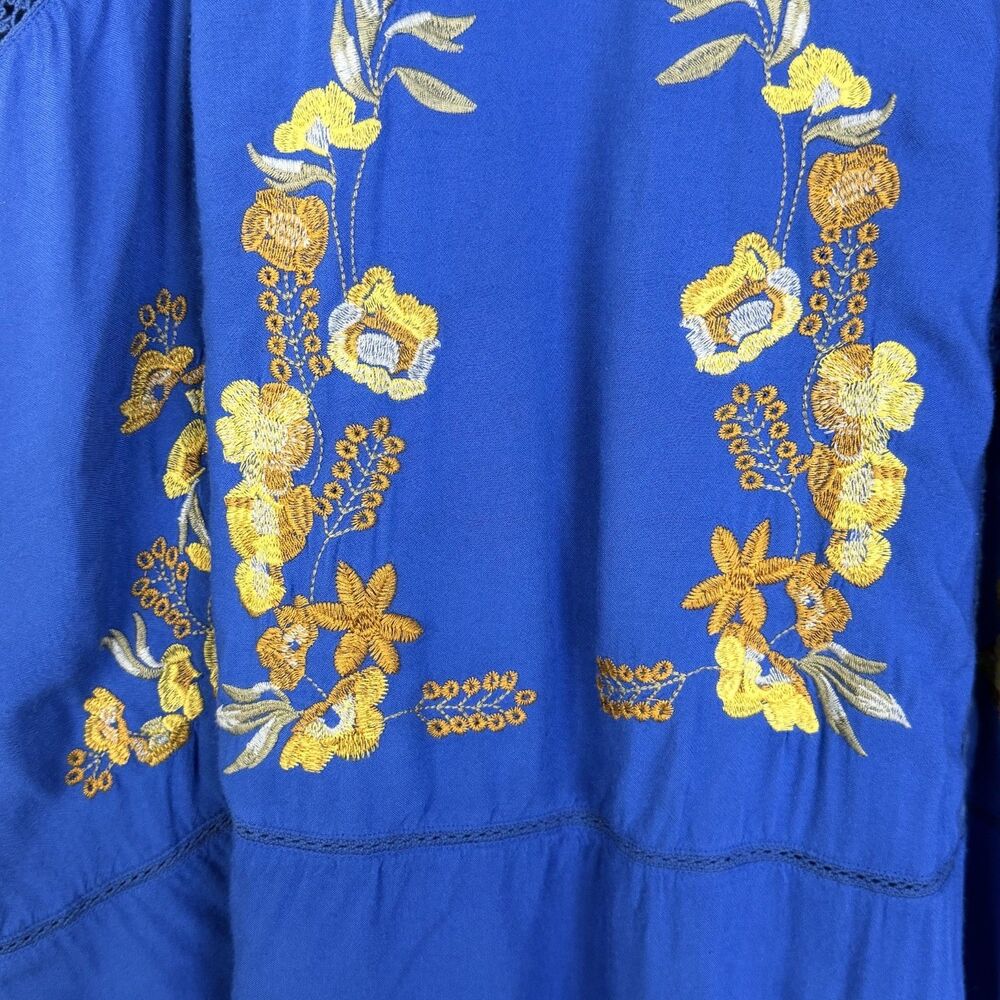 boho embroidered floral peasant shift blue lined dress medium by brass & roe - Picture 5 of 10